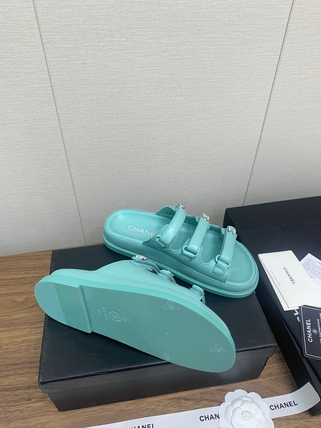 Chanel Dad Sandal in Sky Blue Lambskin Mule