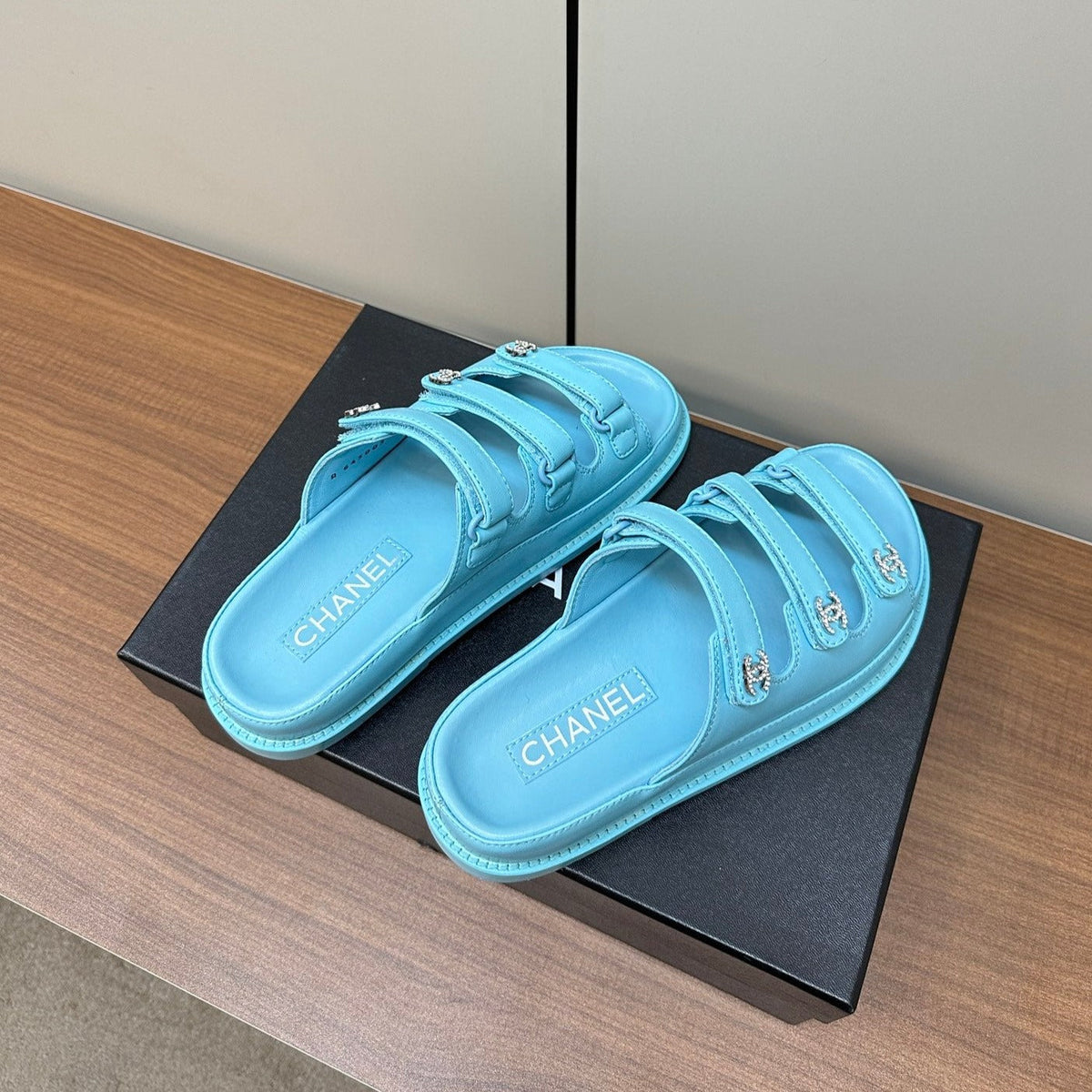 Chanel Dad Sandals Cloud Blue 3 Rows Lambskin Mules