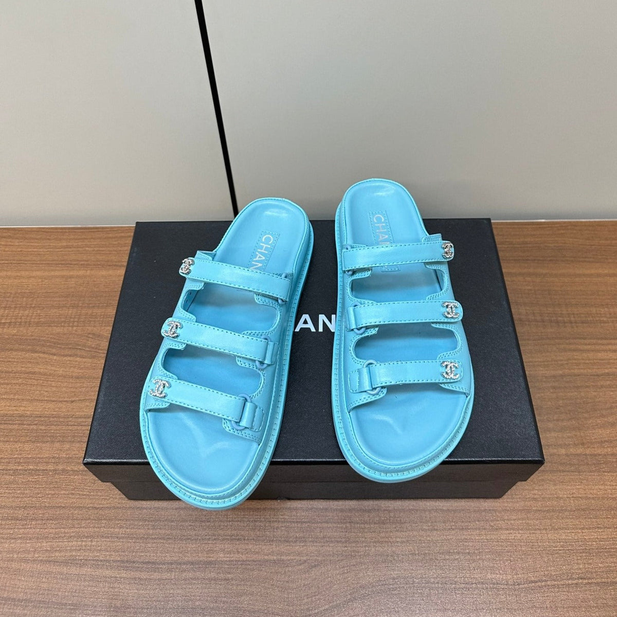 Chanel Dad Sandals Cloud Blue 3 Rows Lambskin Mules