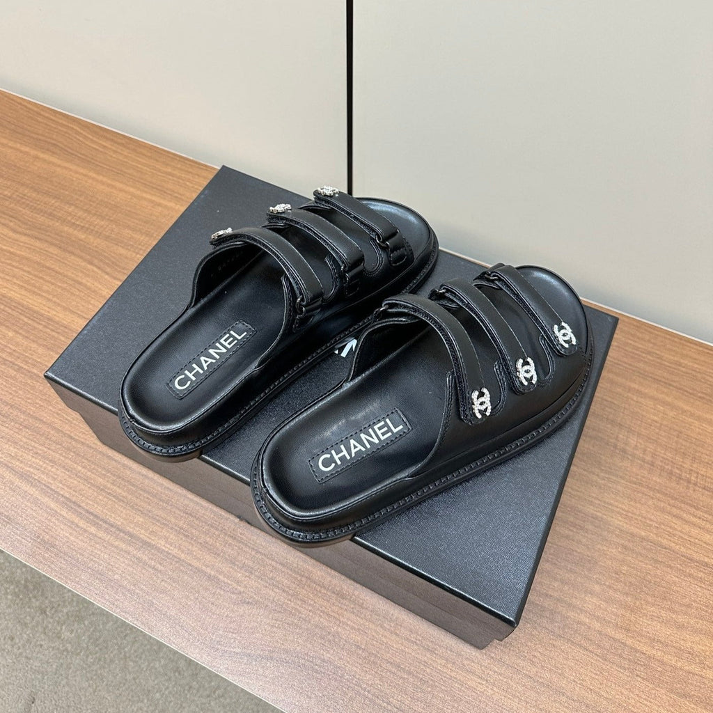 Chanel Dad Sandals Black 3 Rows Lambskin Mules