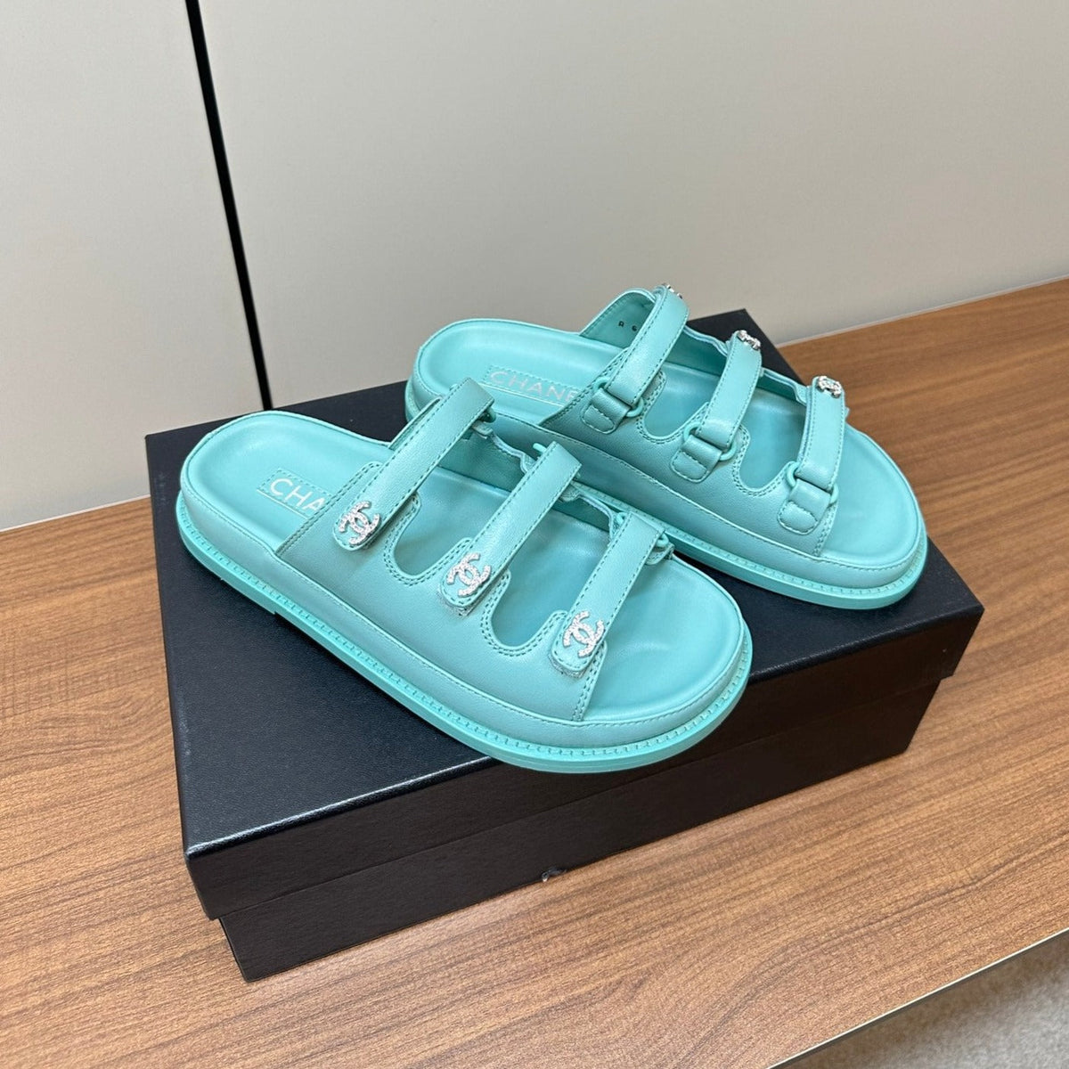 Chanel Dad Sandals Skye Blue 3 Rows Lambskin Mules