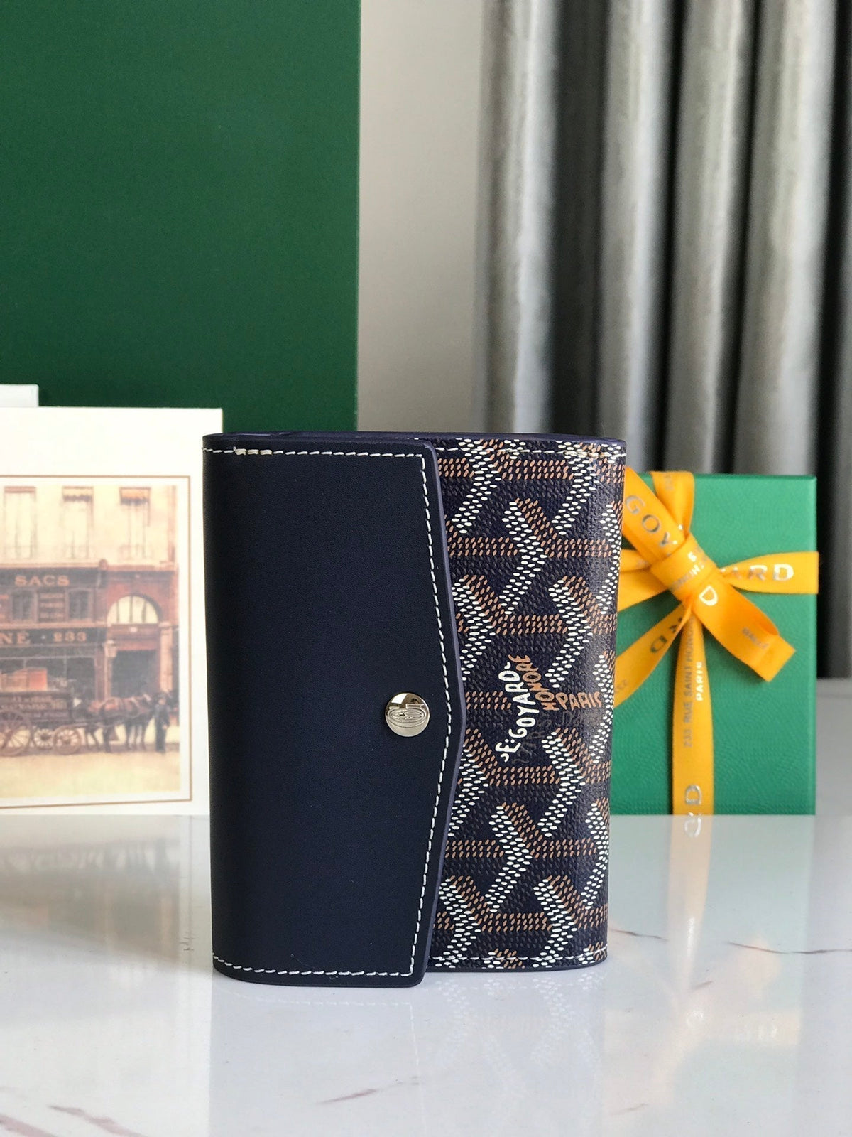 Goyard Saint-Gabriel Wallet 12 in Navy Blue Calfskin and Goyardine Canvas
