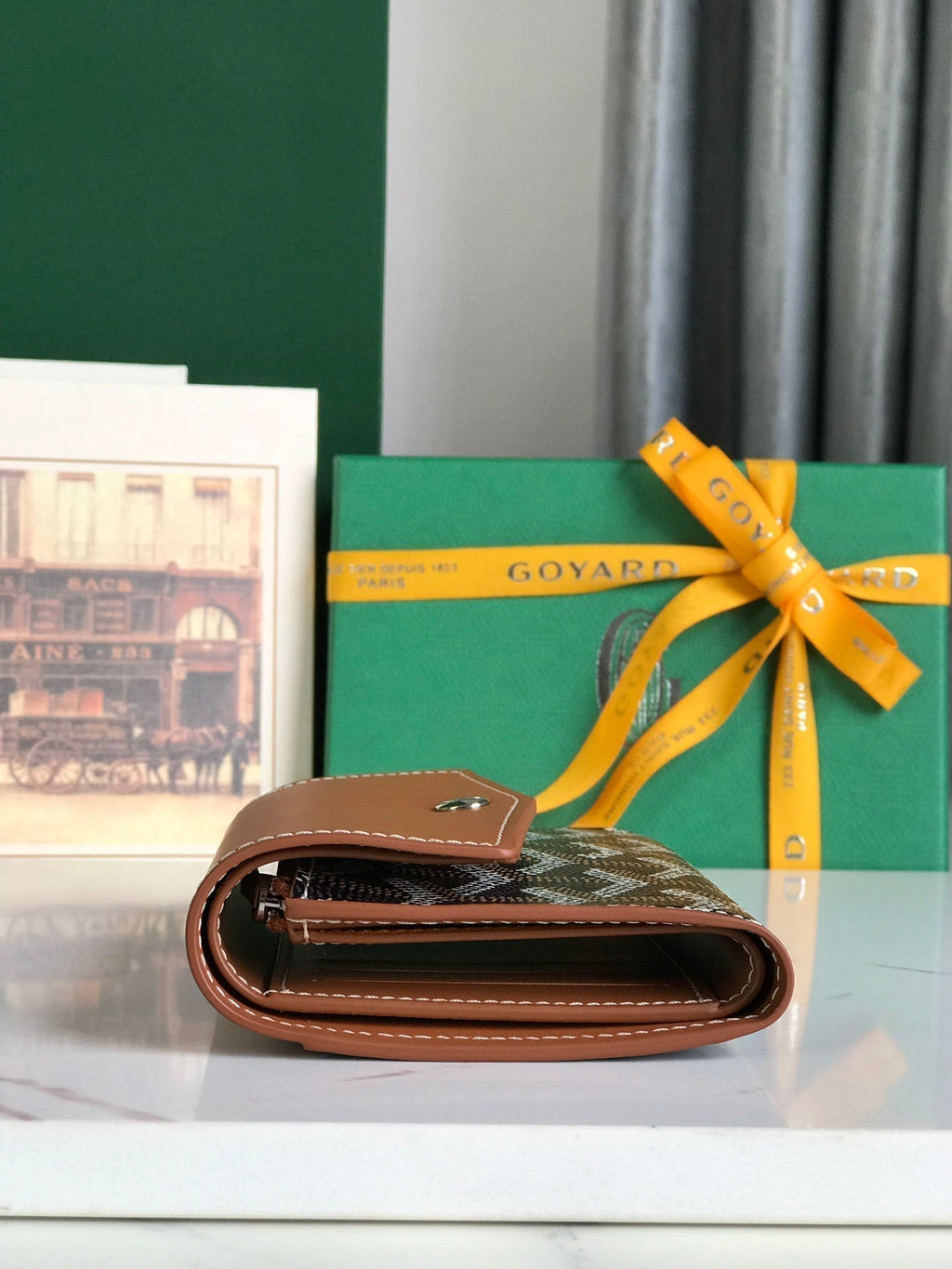 Goyard Saint-Gabriel Wallet 12 in Tan Calfskin and Black Goyardine Canvas