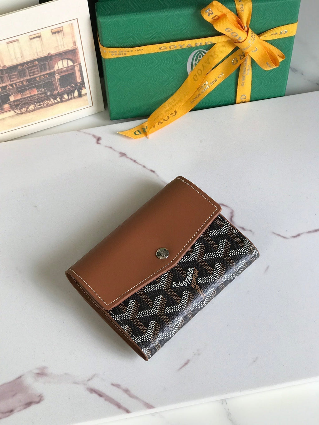 Goyard Saint-Gabriel Wallet 12 in Tan Calfskin and Black Goyardine Canvas