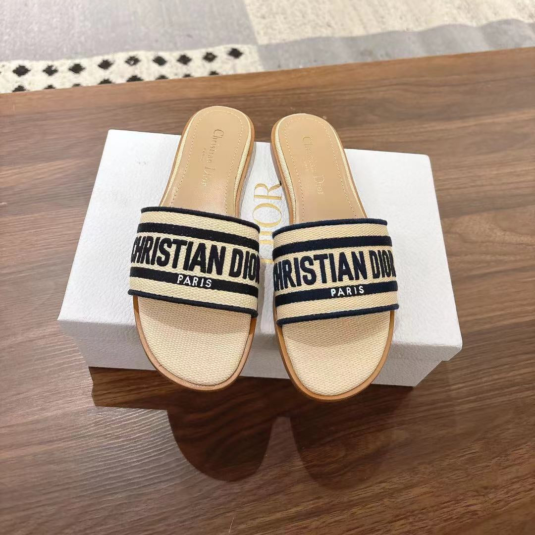 Dior Dway Slides in Beige and Navy Blue Technical Fabric