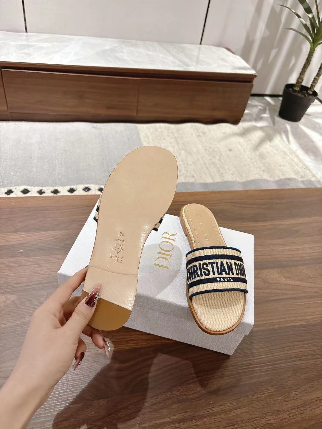 Dior Dway Slides in Beige and Navy Blue Technical Fabric