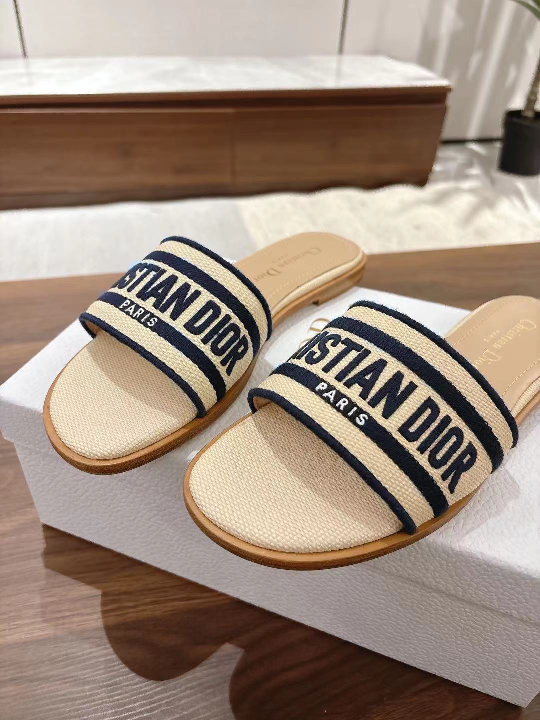 Dior Dway Slides in Beige and Navy Blue Technical Fabric