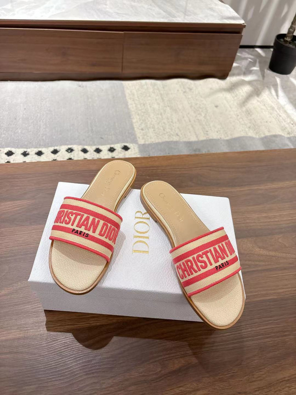 Dior Dway Slides in Beige and Red Technical Fabric
