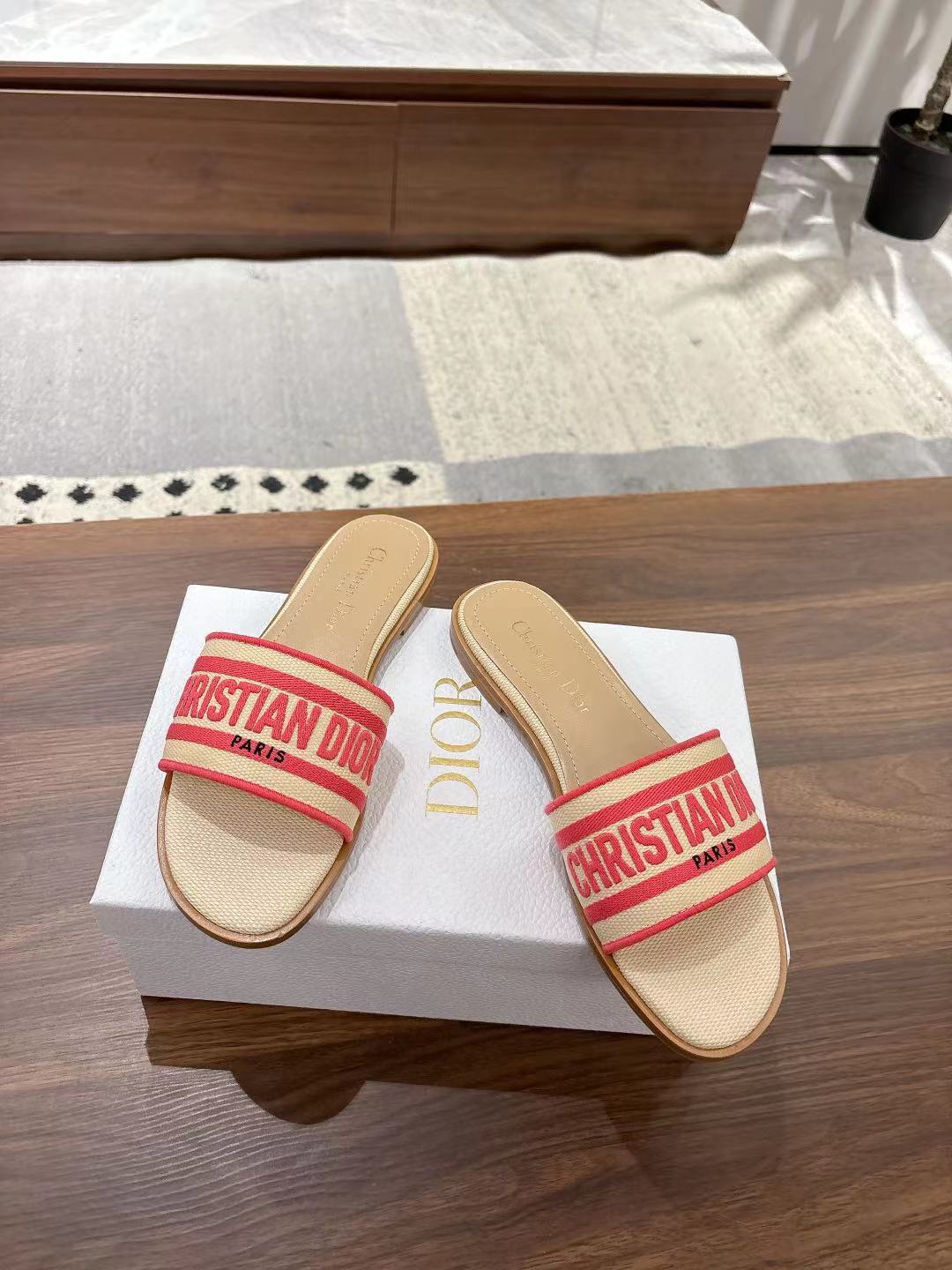 Dior Dway Slides in Beige and Red Technical Fabric