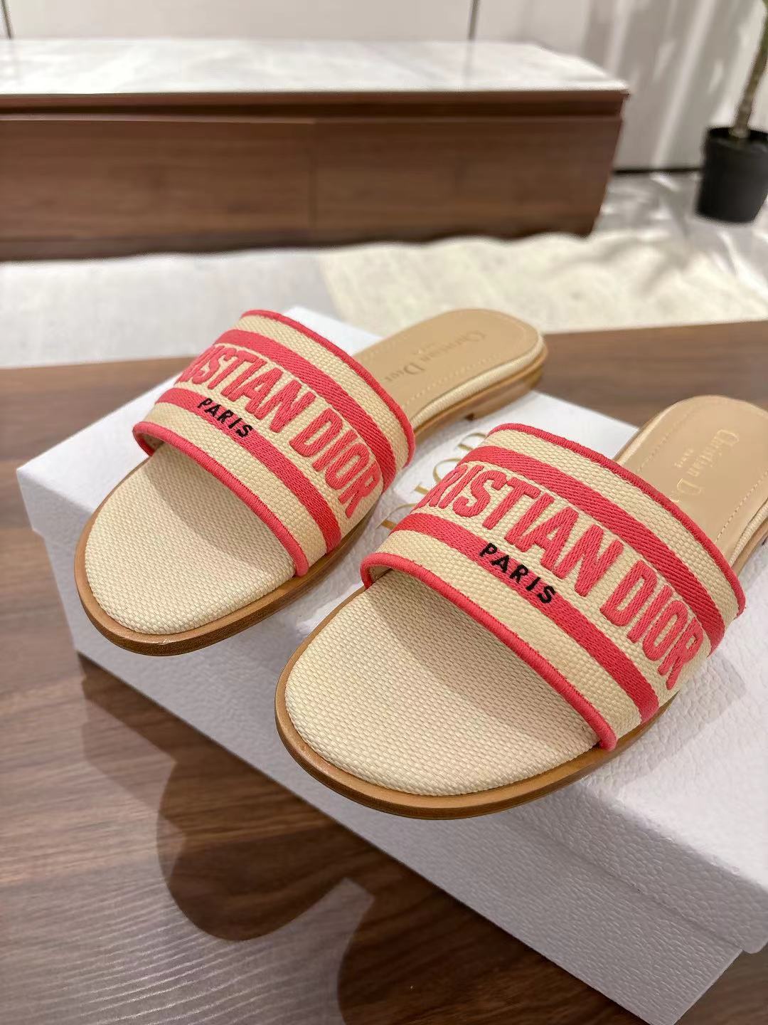 Dior Dway Slides in Beige and Red Technical Fabric