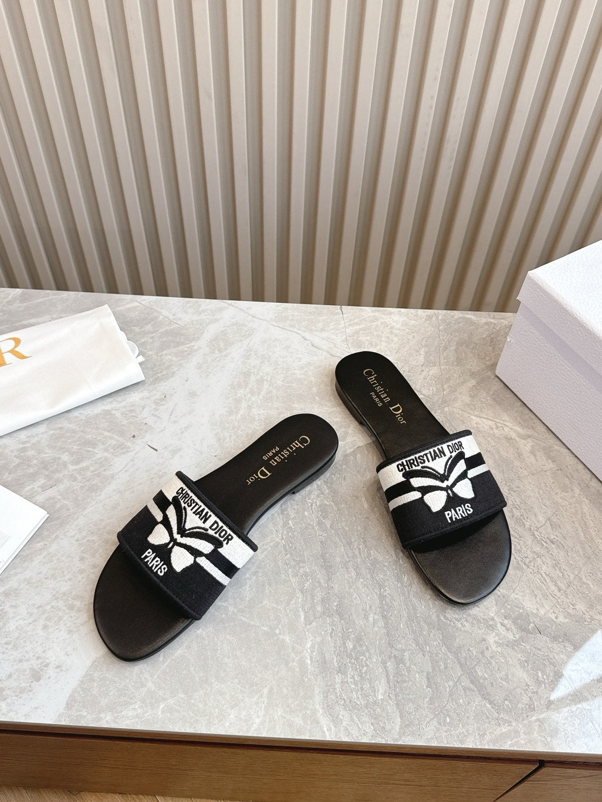 Dior Flat Slides 25S in Black Calfskin and Fabric Brand Name Embroidery