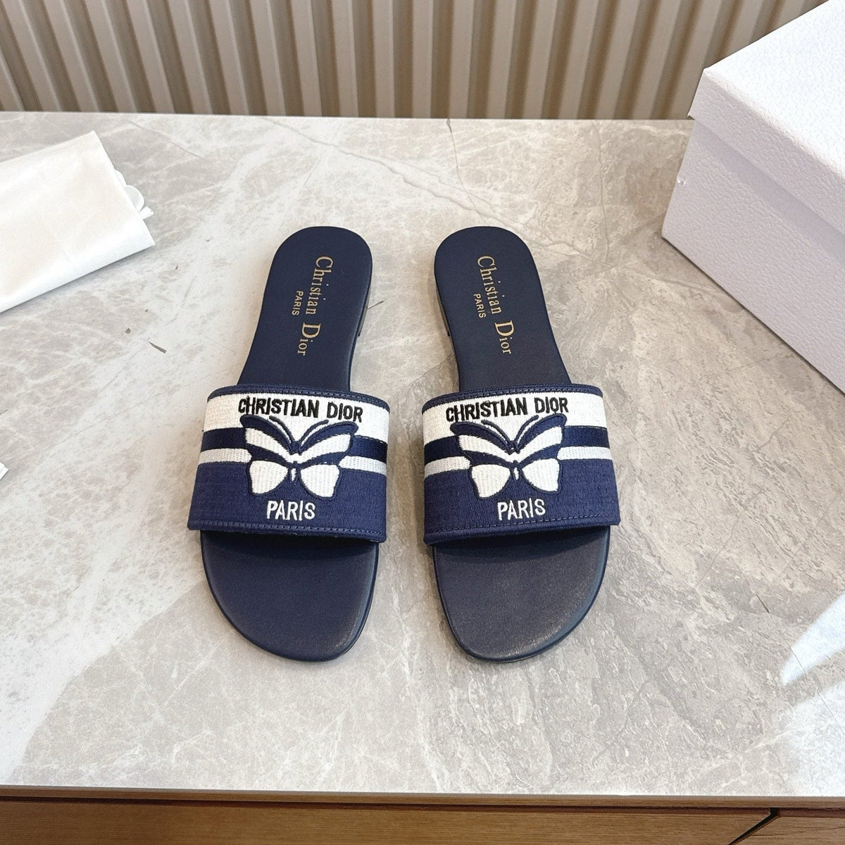 Dior Flat Slides 25S in Midnight Blue Calfskin and Fabric Embroidered Butterfly Motif
