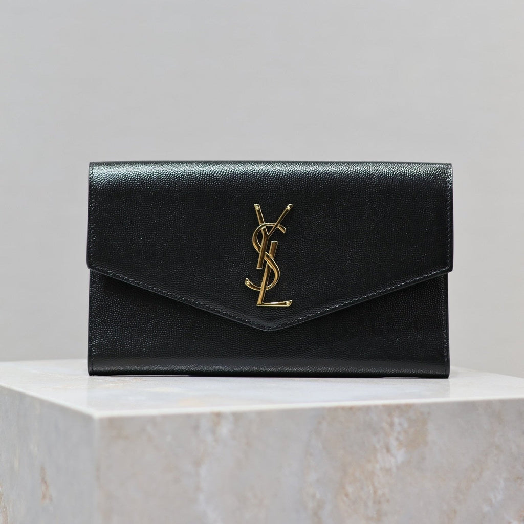 Saint Laurent Uptown Wallet 21 in Black Calfskin Gold Logo