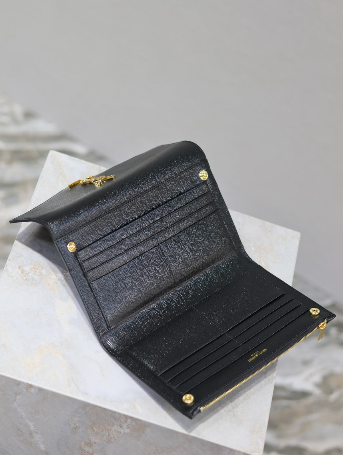Saint Laurent Uptown Wallet 21 in Black Calfskin Gold Logo