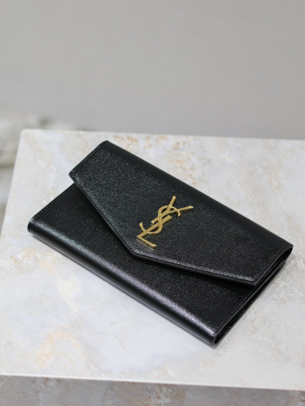 Saint Laurent Uptown Wallet 21 in Black Calfskin Gold Logo