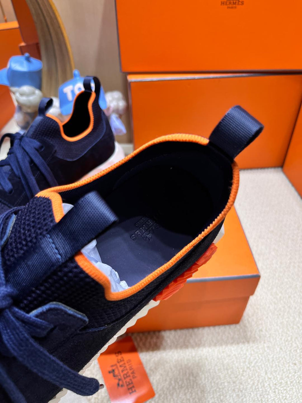 Hermes Depart Slip-On Sneaker in Navy Blue Knit and Calfskin