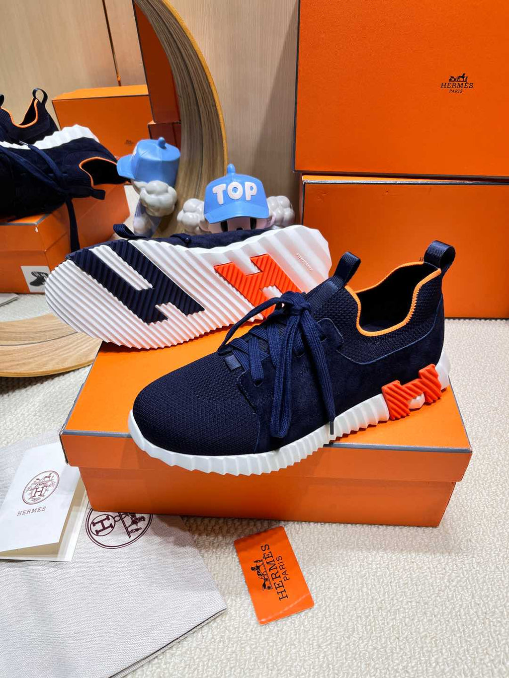 Hermes Depart Slip-On Sneaker in Navy Blue Knit and Calfskin