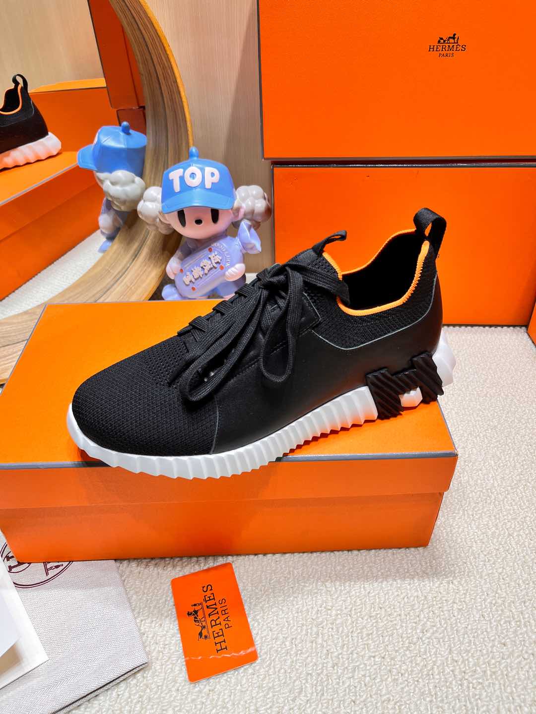 Hermes Depart Slip-On Sneaker in Black Mix White Knit and Calfskin