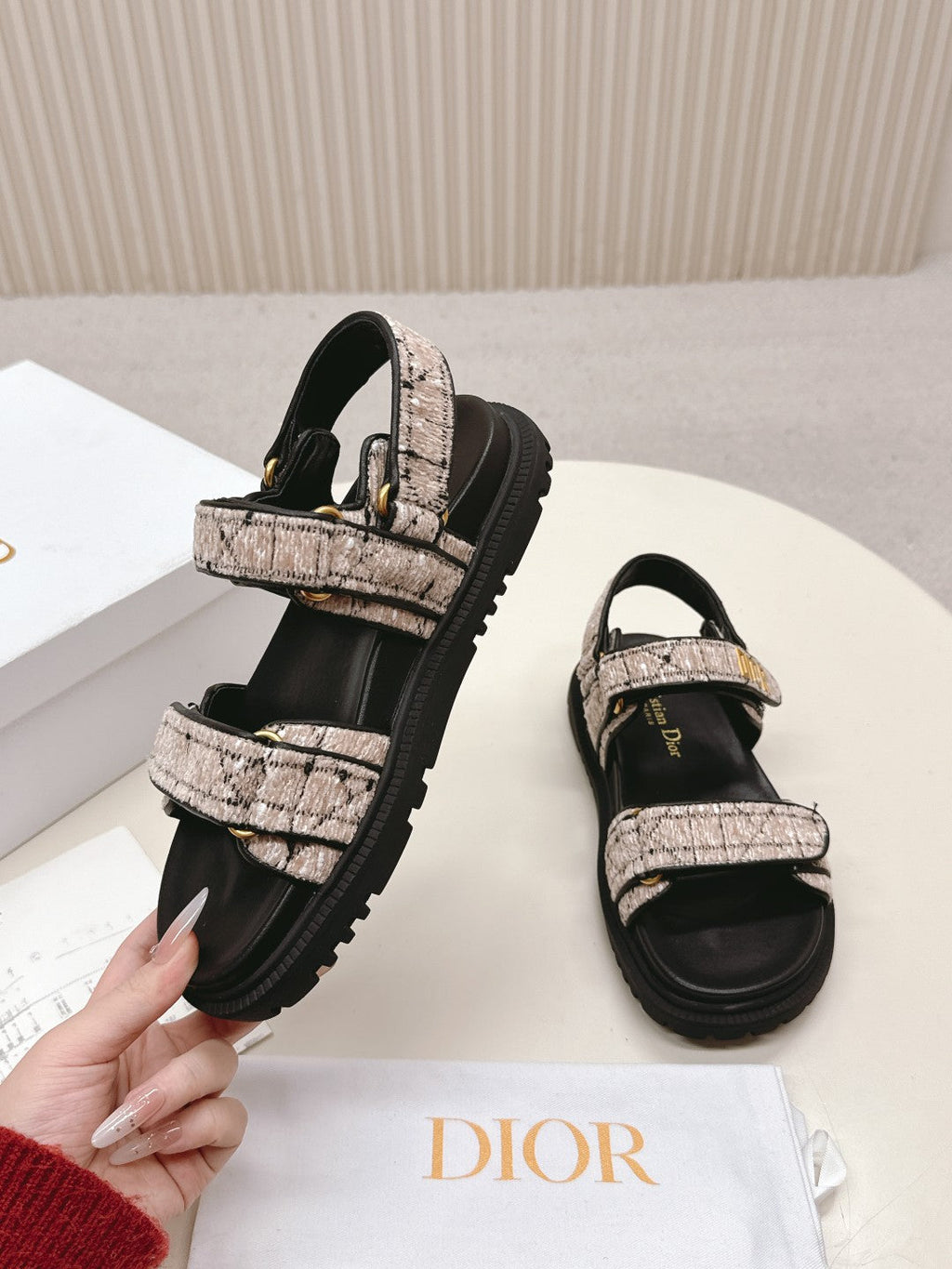Dior Back-Strap Sandals 25S in Soft Rose Beige Tweed and Black Calfskin