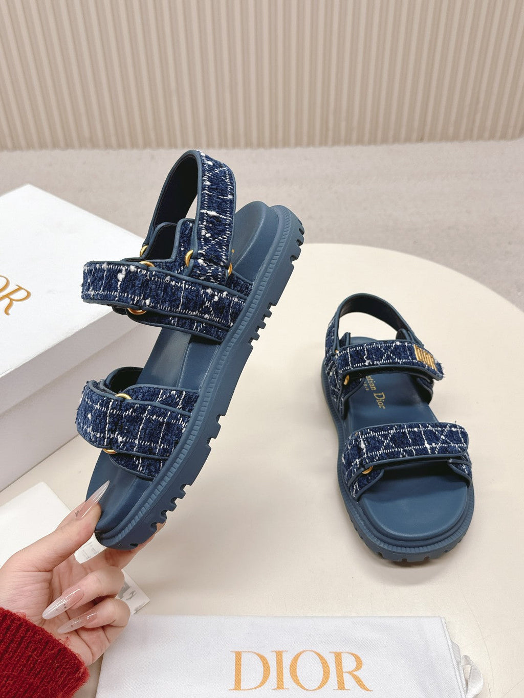 Dior Back-Strap Sandals 25S in Navy Blue Tweed and Calfskin