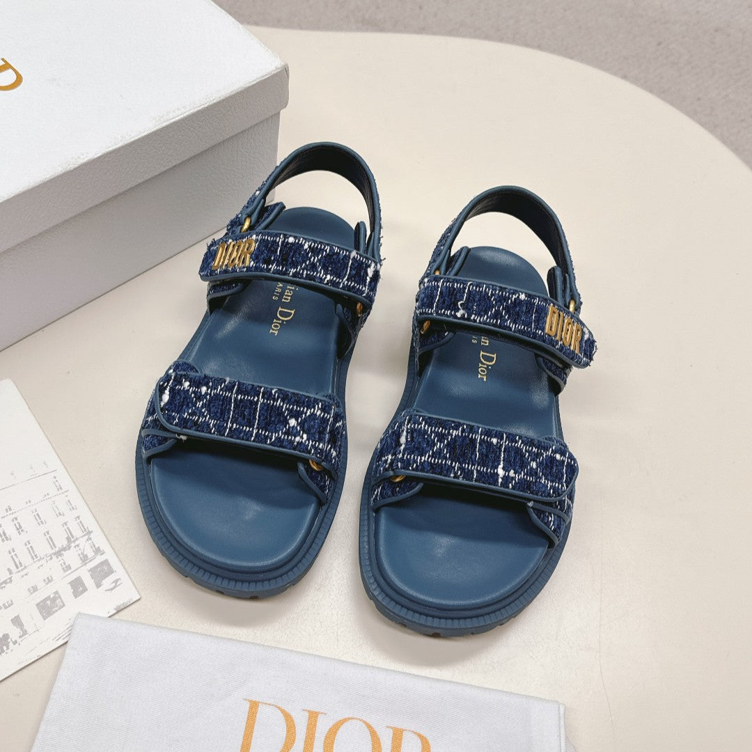Dior Back-Strap Sandals 25S in Navy Blue Tweed and Calfskin