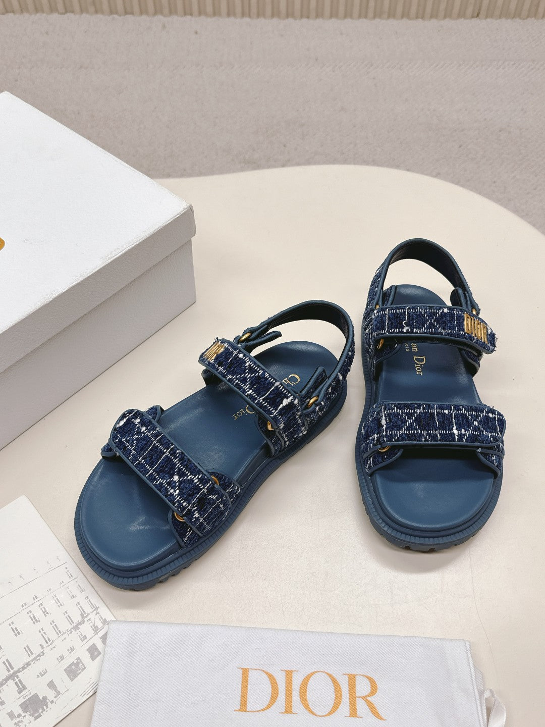 Dior Back-Strap Sandals 25S in Navy Blue Tweed and Calfskin