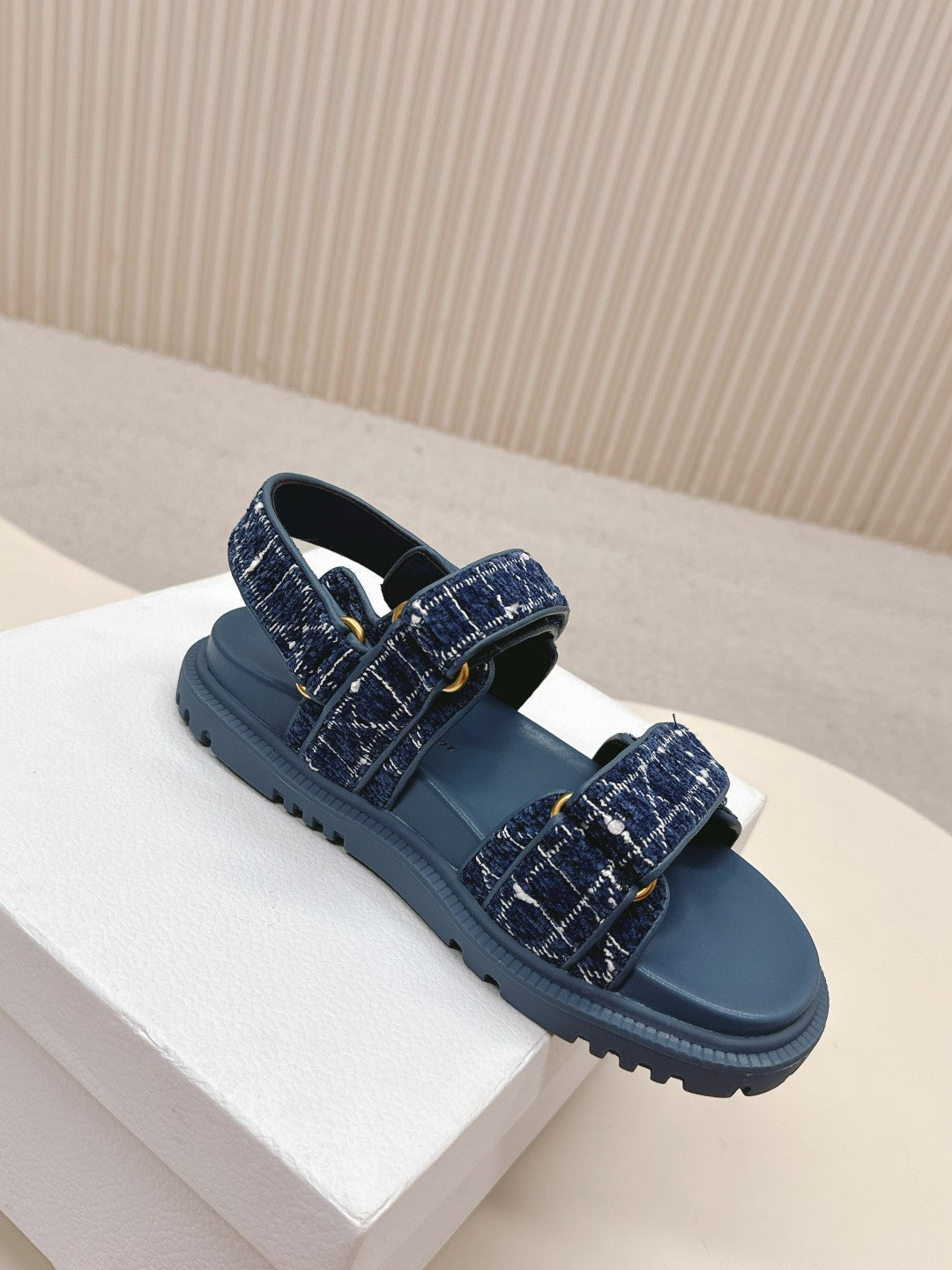 Dior Back-Strap Sandals 25S in Navy Blue Tweed and Calfskin