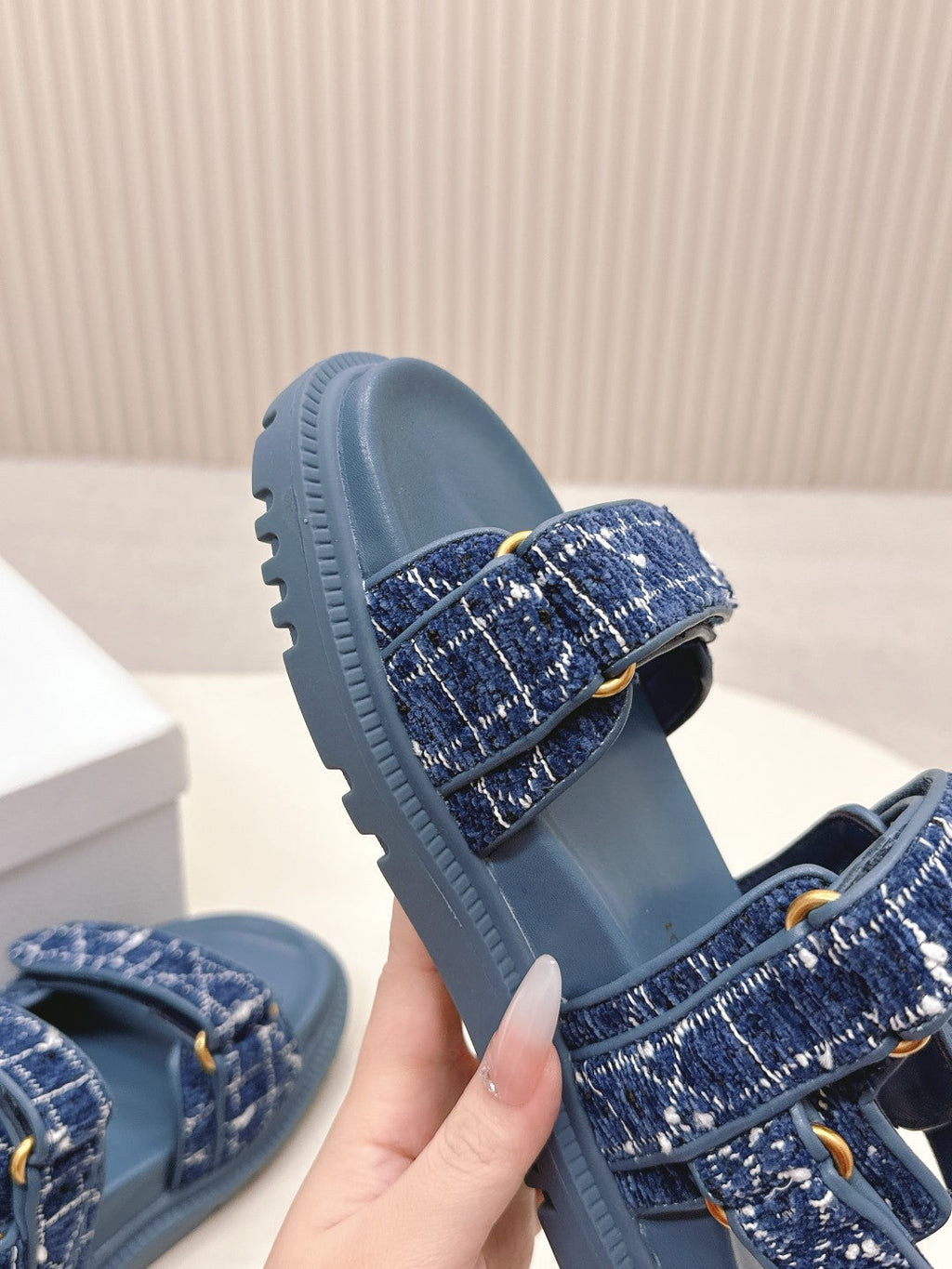 Dior Back-Strap Sandals 25S in Navy Blue Tweed and Calfskin