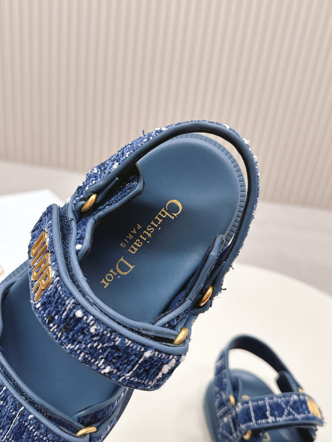 Dior Back-Strap Sandals 25S in Navy Blue Tweed and Calfskin