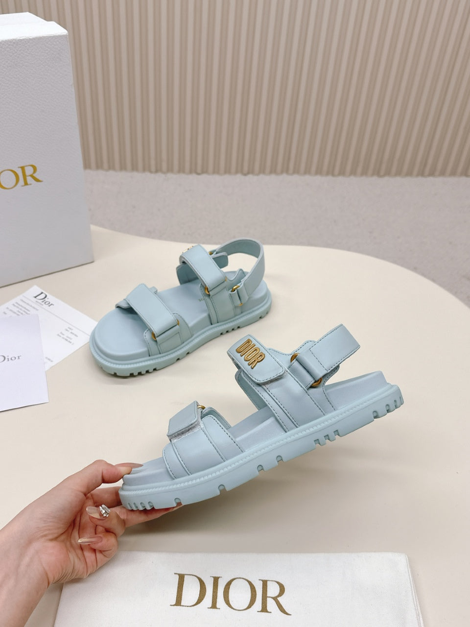 Dior Back-Strap Sandals 25S in Pastel Blue Calfskin with Gold Hardware