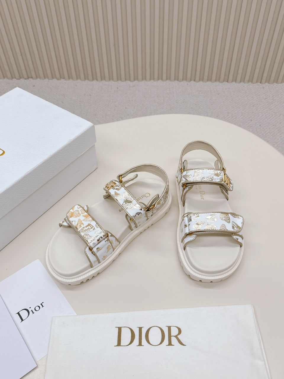 Dior Back-Strap Sandals 25S in Cream White and Gold Calfskin with Butterfly Motif