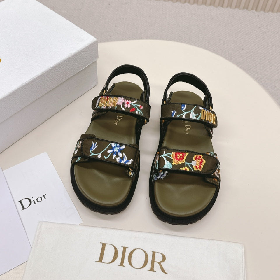 Dior Back-Strap Sandals 25S in Moss Green Calfskin Embroidered with Petites Fleurs