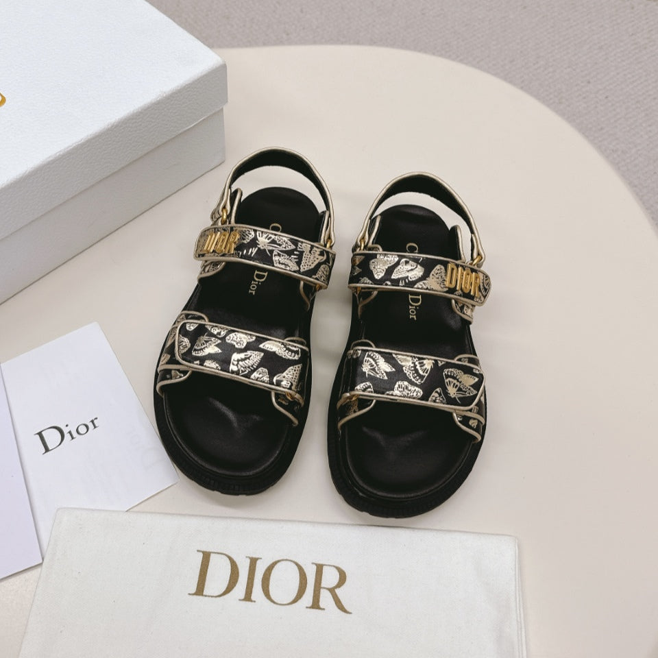 Dior Back-Strap Sandals 25S in Black and Gold Calfskin with Butterfly Motif