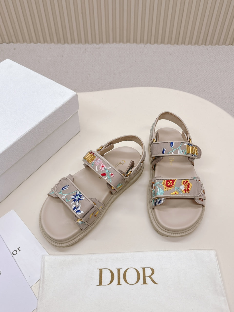 Dior Back-Strap Sandals 25S in Beige Calfskin Embroidered with Petites Fleurs