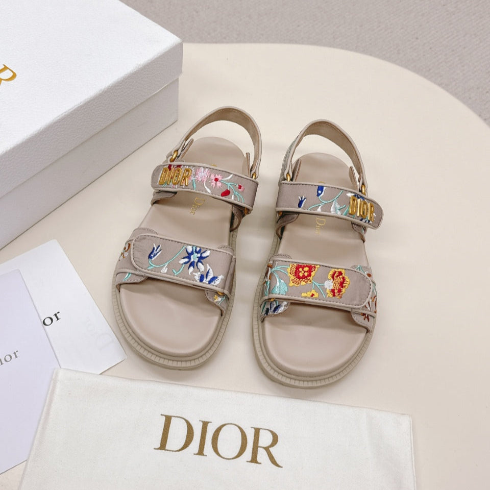 Dior Back-Strap Sandals 25S in Beige Calfskin Embroidered with Petites Fleurs