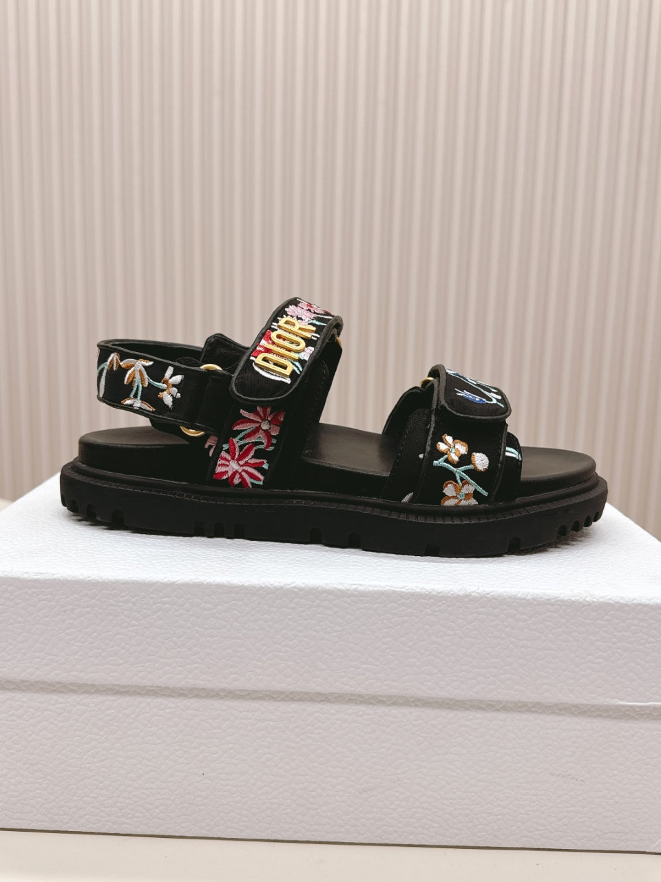 Dior Back-Strap Sandals 25S in Black Calfskin Embroidered with Petites Fleurs
