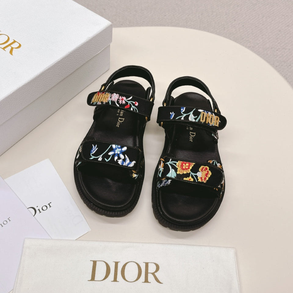 Dior Back-Strap Sandals 25S in Black Calfskin Embroidered with Petites Fleurs