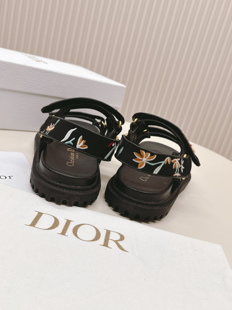 Dior Back-Strap Sandals 25S in Black Calfskin Embroidered with Petites Fleurs
