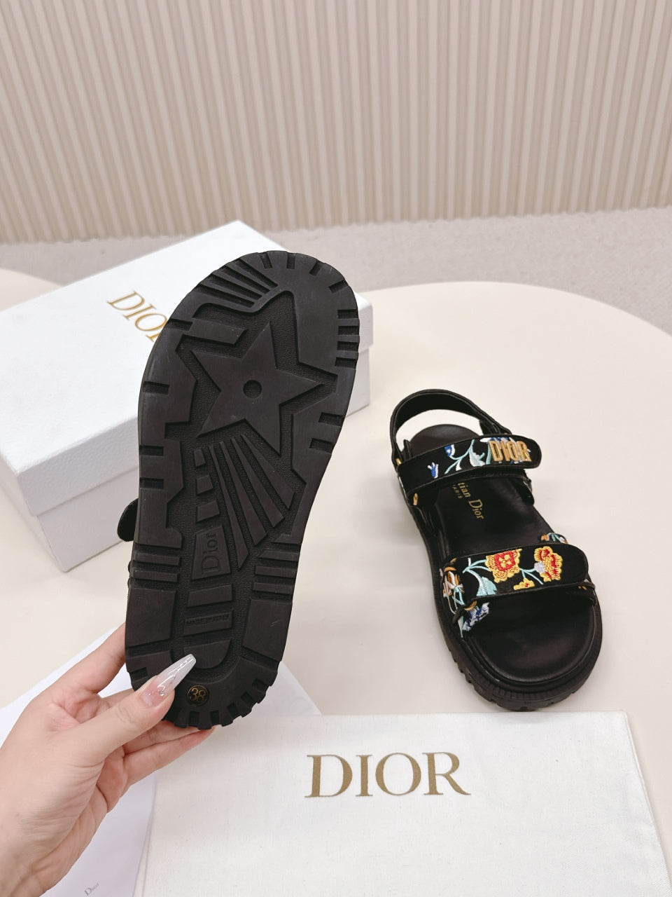 Dior Back-Strap Sandals 25S in Black Calfskin Embroidered with Petites Fleurs