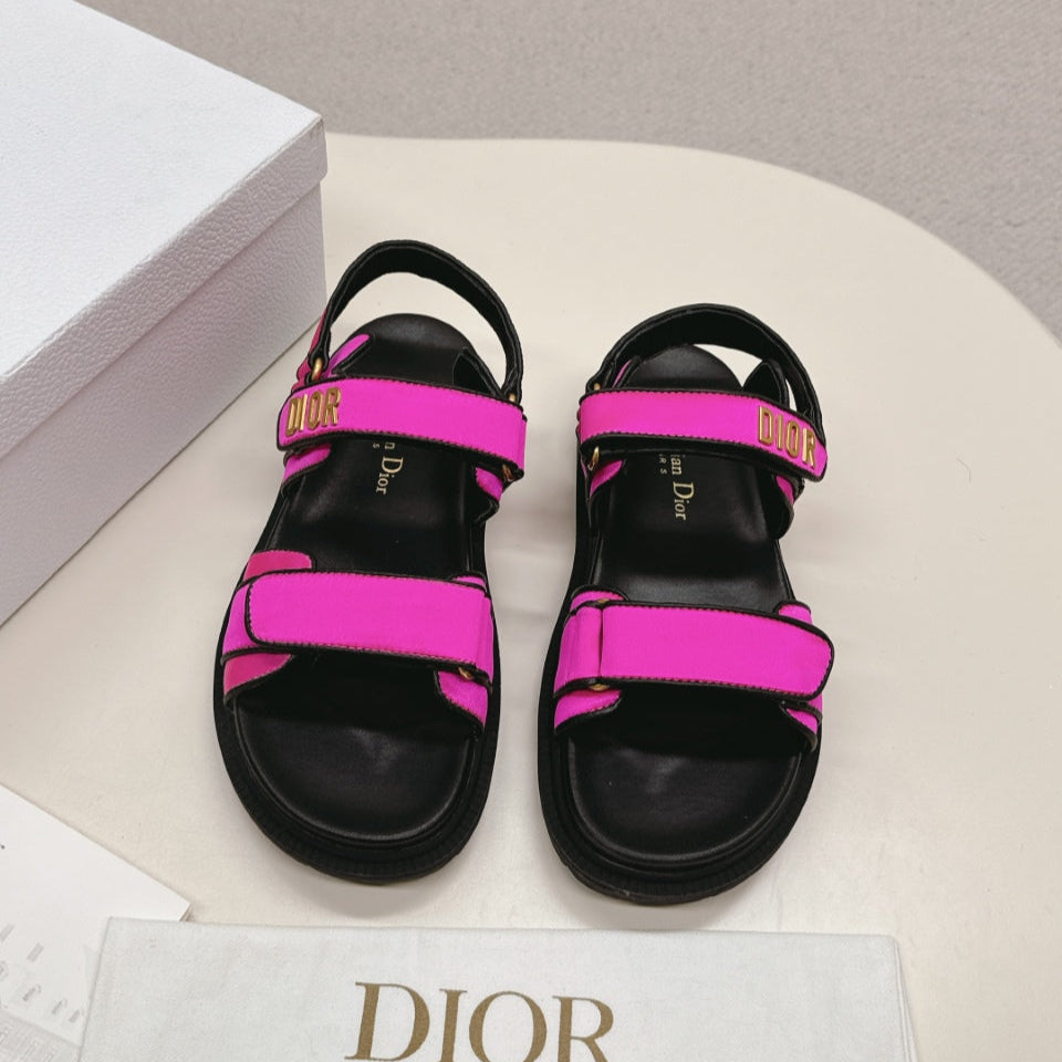 Dior Back-Strap Sandals 25S in Dark Pink Fabric and Black Calfskin with Gold Hardware
