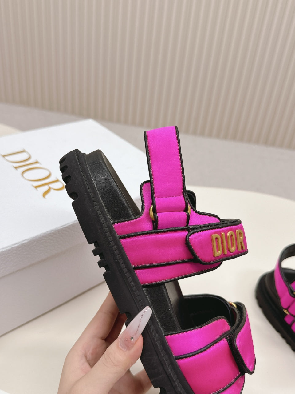 Dior Back-Strap Sandals 25S in Dark Pink Fabric and Black Calfskin with Gold Hardware