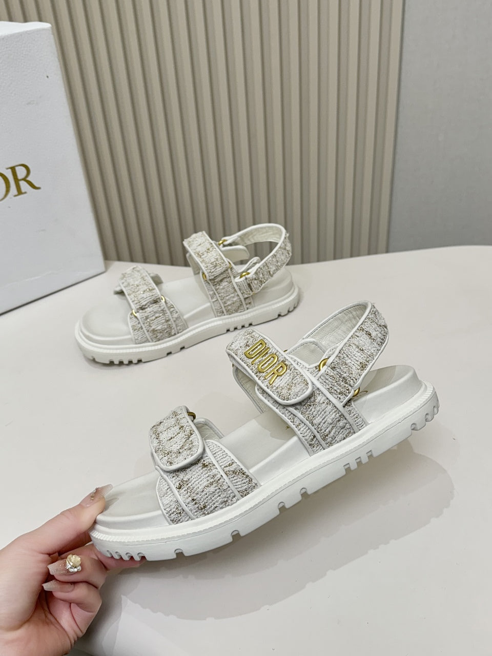 Dior Back-Strap Sandals 25S in White Tweed and Calfskin