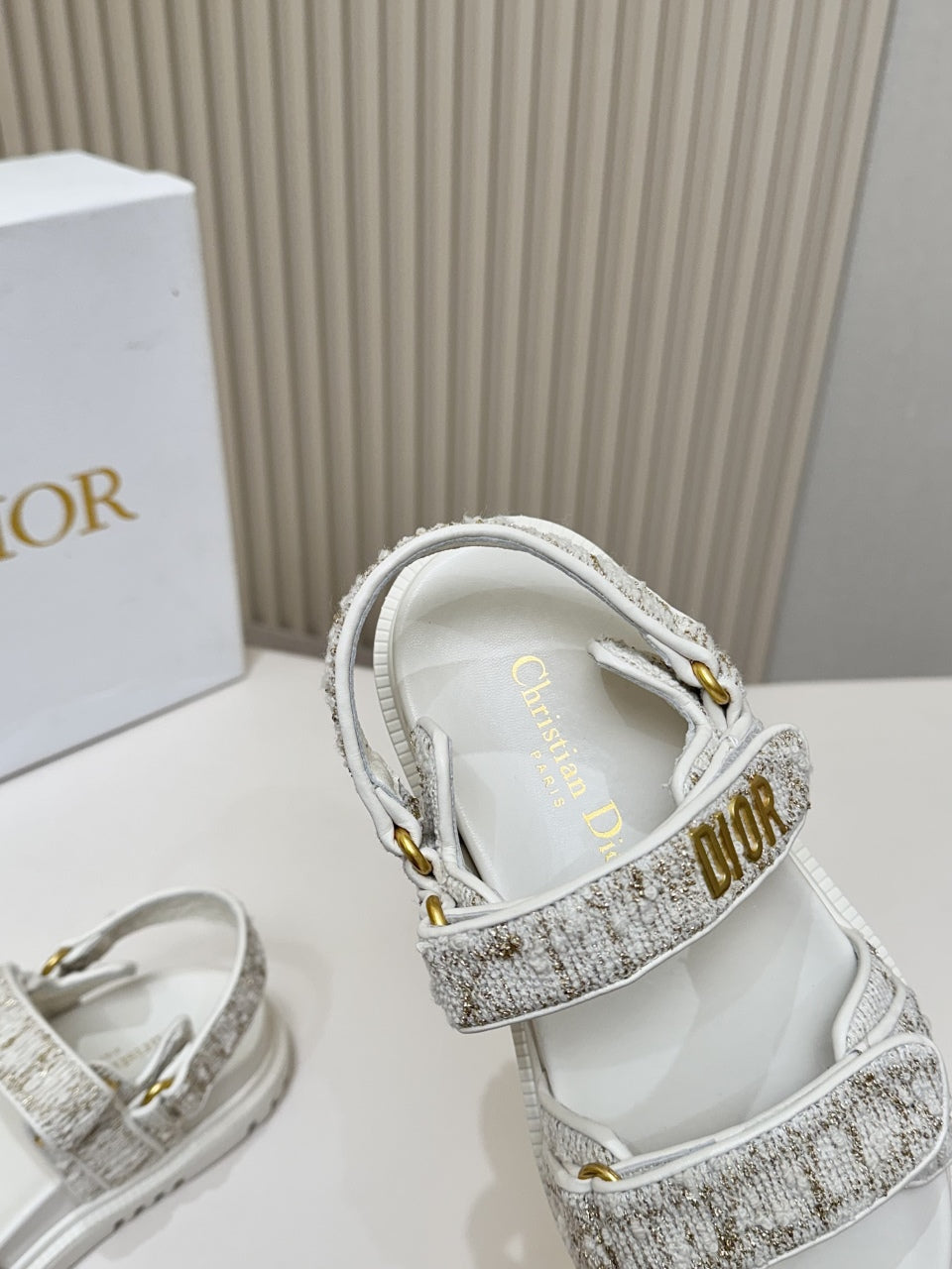 Dior Back-Strap Sandals 25S in White Tweed and Calfskin