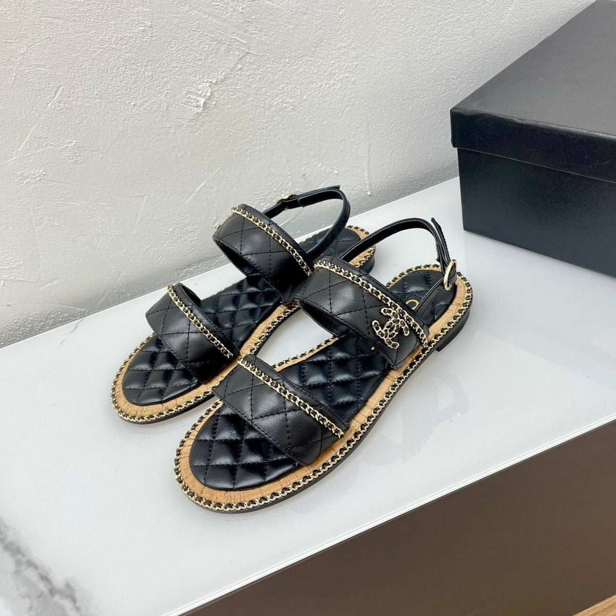 Chanel Double Straps Sandals in Black Lambskin