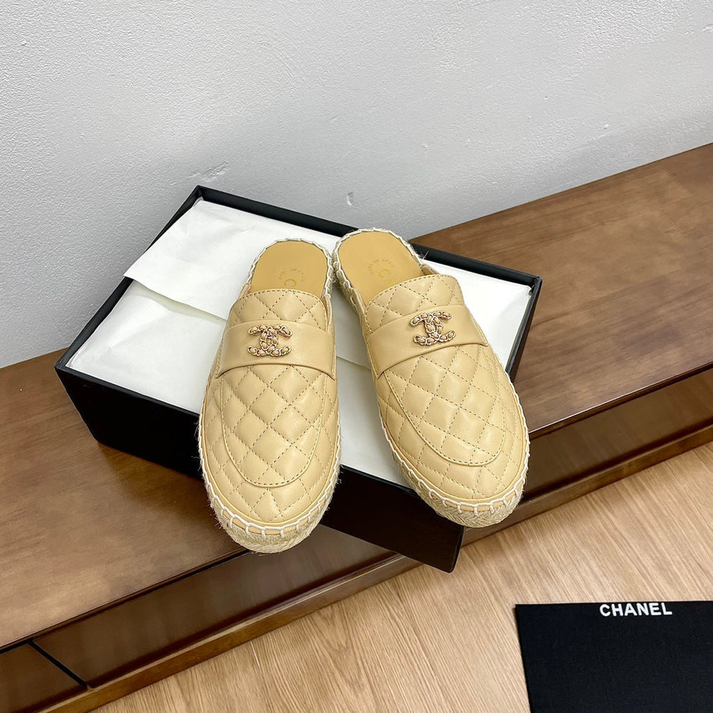 Chanel Women Half - Slippers Yellow Cream Lambskin