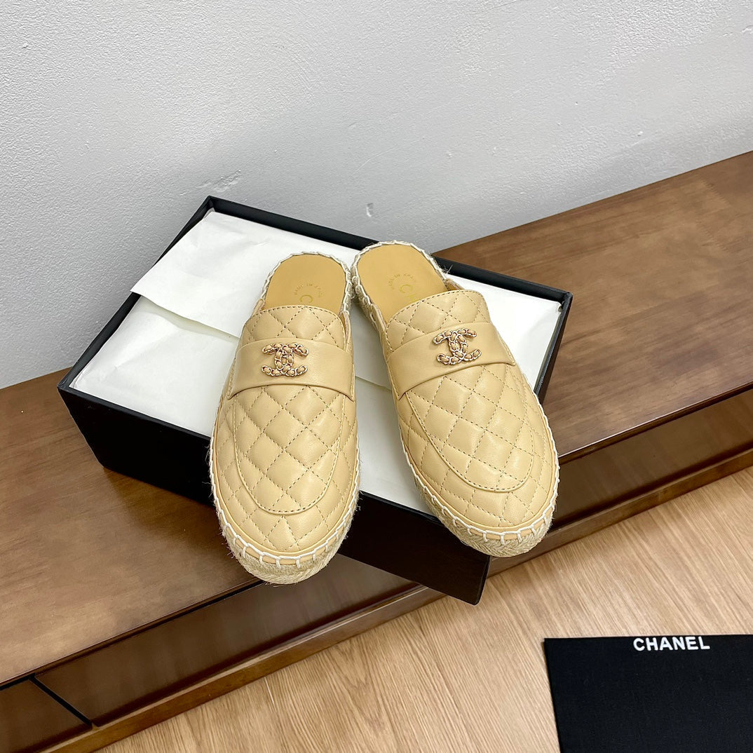 Chanel Women Half - Slippers Yellow Cream Lambskin