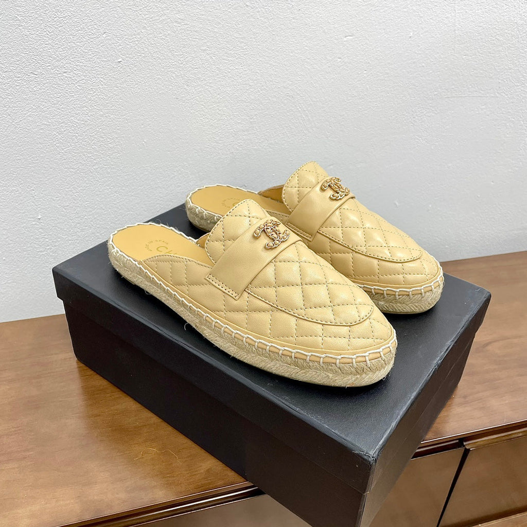 Chanel Women Half - Slippers Yellow Cream Lambskin