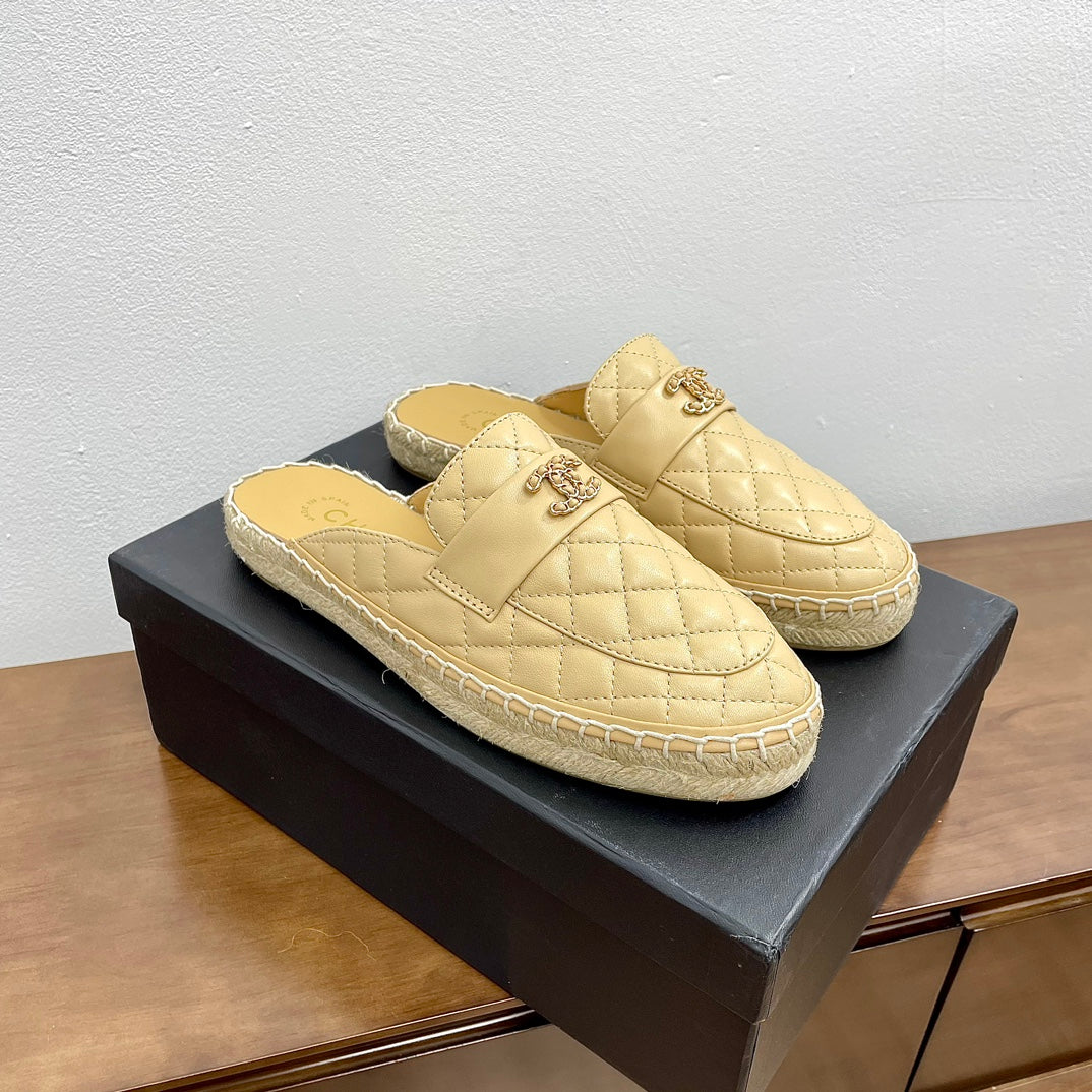 Chanel Women Half - Slippers Yellow Cream Lambskin