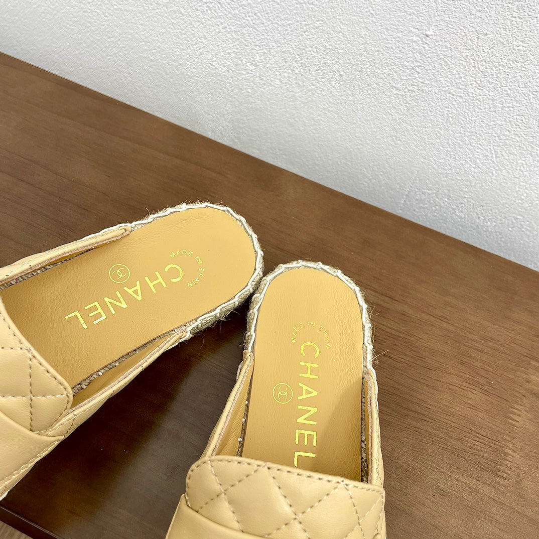 Chanel Women Half - Slippers Yellow Cream Lambskin