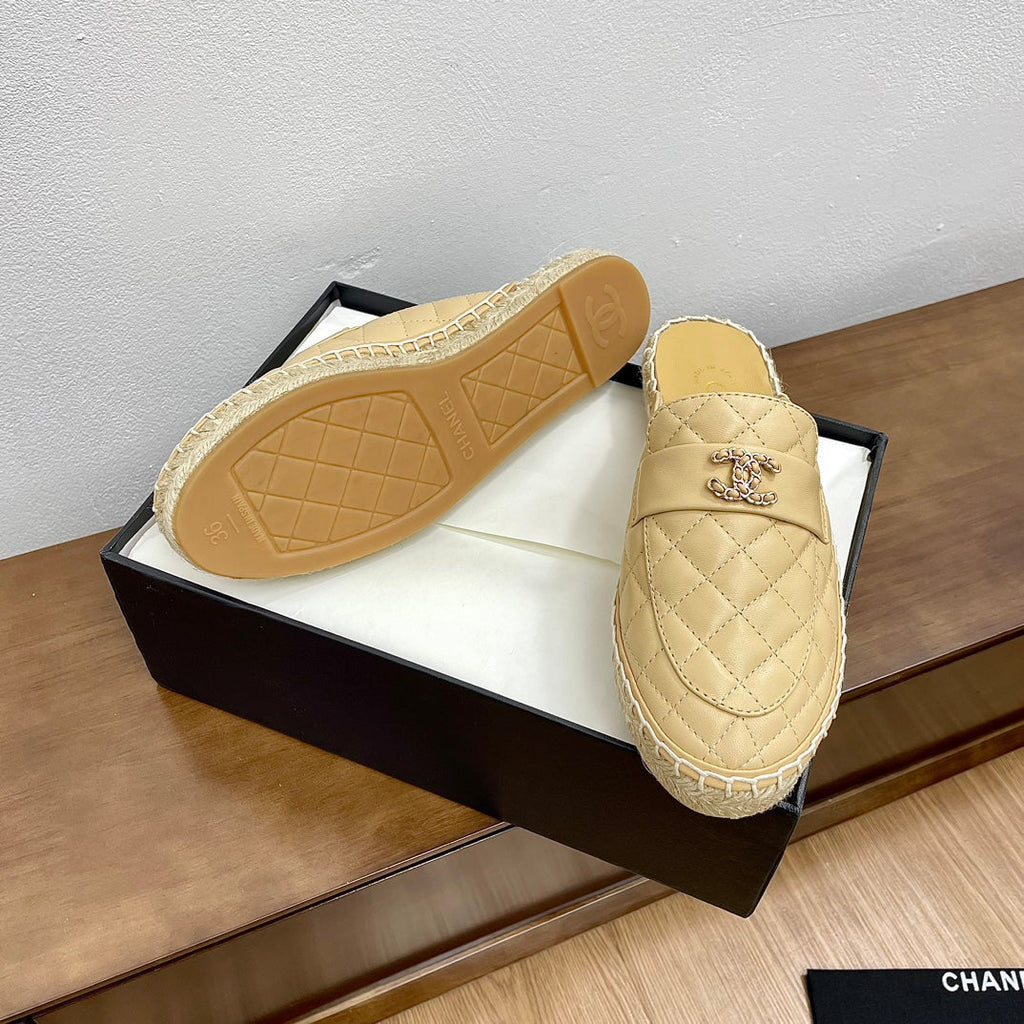 Chanel Women Half - Slippers Yellow Cream Lambskin